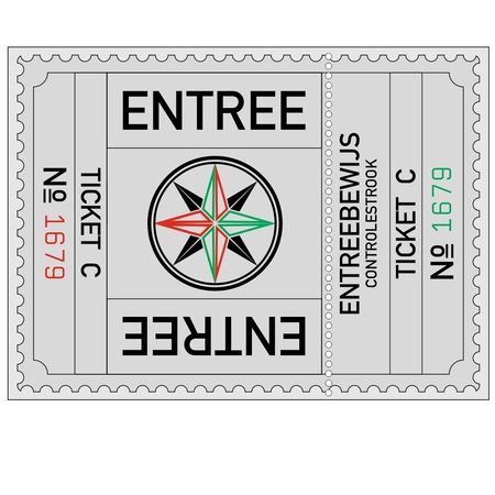 Grote XXL-Entreekaartjes in  75 x 55mm met controlestrookje in boekjes per 500 kaartjes gebundeld. Serie A t/m F in zes kleuren. Genummerd.