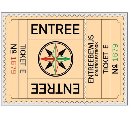 Grote XXL-Entreekaartjes in  75 x 55mm met controlestrookje in boekjes per 500 kaartjes gebundeld. Serie A t/m F in zes kleuren. Genummerd.