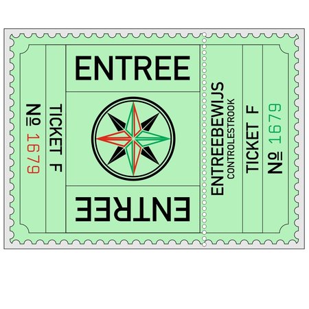 Grote XXL-Entreekaartjes in  75 x 55mm met controlestrookje in boekjes per 500 kaartjes gebundeld. Serie A t/m F in zes kleuren. Genummerd.