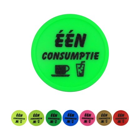 CombiCraft Plastic munten met rand 100 stuks Ø29mm in diverse kleuren met de opdruk "ÉÉN CONSUMPTIE"