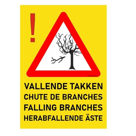 Bordje - Attentie, Vallende takken in 4 talen in 21x30cm (Nederlands, Frans, Engels en Duits)