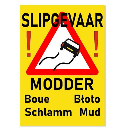 Bordje - Slipgevaar Modder in 5 talen in 21x30cm (Nederlands, Frans, Pools, Duits en Engels)