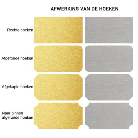 Metaal look Acrylaat logoplaatjes met gravering, weerbestendig in diverse maten en uitvoeringen, vanaf 10 stuks per ontwerp.