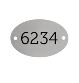 Nummerplaatjes Aluminium Zilver 65x42,5mm Ovaal ½mm dik met zwarte gravering en 2 gaatjes