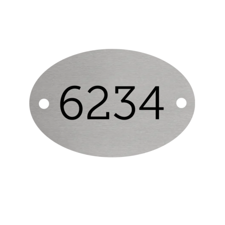 Nummerplaatjes Aluminium Zilver 65x42,5mm Ovaal ½mm dik met zwarte gravering en 2 gaatjes