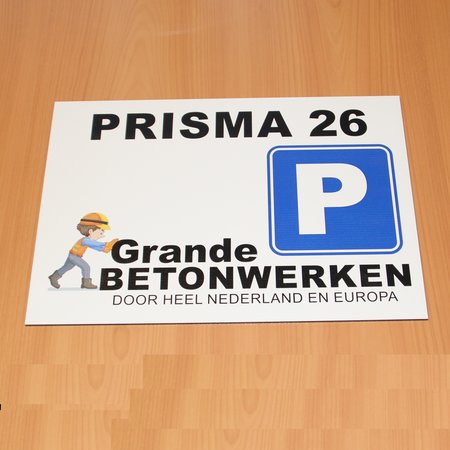 Aluminium bedrukt Parkeerbordje of gevelbordje in A4  geheel naar eigen ontwerp, eventueel afgewerkt met 4 gaatjes of dubbelzijdig tape.