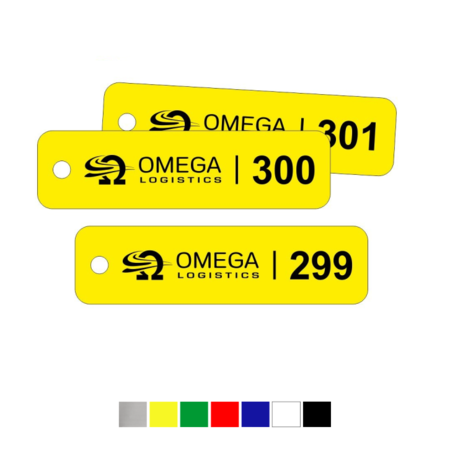 Dikke 3mm Kunststof Sleutelhangers & Sleutellabels Model E6 voorzien van jouw logo, tekst en nummering