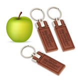 Veganistische  sleutelhangers in 90x30mm met jouw tekst of logo ingebrand. Apple tags, sleutellabels van appelschillen, pitten en kurk.