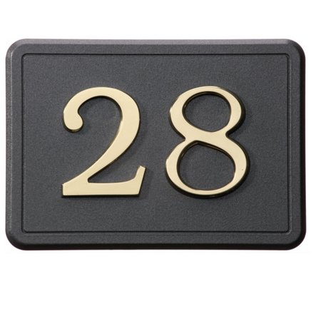 Gepolijst glimmende messing huisnummers geplaatst op een antracietmessing achtergrond in 140x100mm met rand.