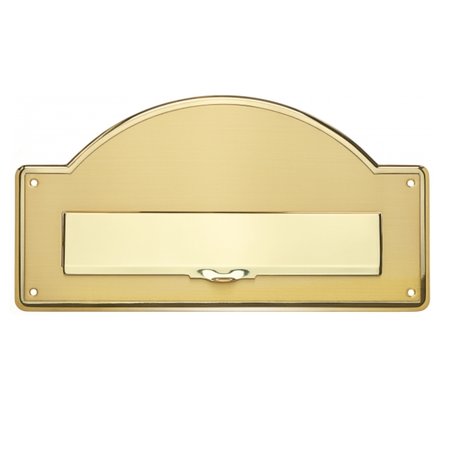 Messing brievenbus met een hoog afgerond paneel in de maat 325x175mm.  Satijn messing plaat met gepolijst messing brievenbusklep en dito rand.