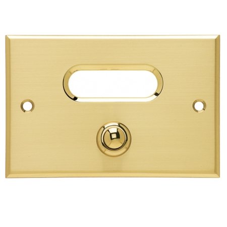 Messing belpaneeltje in de maat 120x80mm rechthoekig, gemaakt van echt satijn messing voorzien van een messing gepolijst drukknopje en randen, verder een transparant opaalglas ruitje.