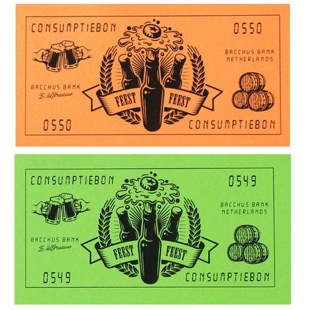 CombiCraft 500 Consumptiebonnen in de vorm van bankbiljetten van de Bacchusbank in het formaat 105 x 54,6mm, los gesneden.