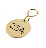 Sleutellabels Glanzend Messing rond met zwarte lasergravering en één gat