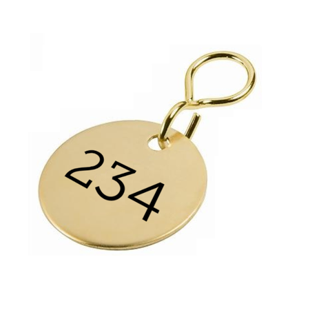Sleutellabels Glanzend Messing rond met zwarte lasergravering en één gat