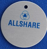 Tot 20cm² RONDE logoplaatjes in Aluminium met weersbestendige full Colour druk, in vele maten, scratch, met tape of met 1 of 2 gaatjes.