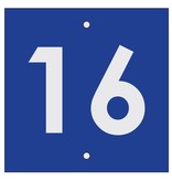 Huisnummer bordje Blauw, Type 2 in 100x100x3mm met een zwart nummer in het Lettertype Century Gotic Bold