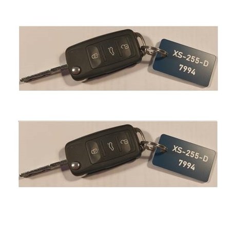 E & A Uitzendbureau Sleutellabels 50x30x3mm in het blauw met kenteken (regel 1) en pincode (regel 2) en met Ø24mm ring gemonteerd