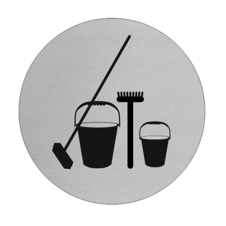 Werkkast  Aluminium pictogram bordje om aan te geven dat de deur toegang geeft tot de werkkast met schoonmaakmiddelen, Ø75mm met tape.