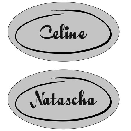 Naambadge Lien & Otje, RVS-Look Acrylaat in 75x40mm met magneet en zwarte gravering.