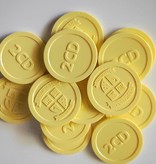 1000 Plastic reliëfmunten of gegraveerde munten in een eigen ontwerp vanaf 1000 stuks in de maat Ø25 en Ø29mm  met 2 niet gelijke zijden