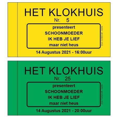 Entreebewijzen met jouw eigen tekst Zwart gedrukt op gekleurd papier met nummering 95x55,8 mm per 100 stuks
