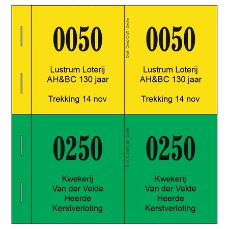 CombiCraft Lootjes, Loten, Dubbelnummers of Garderobebonnen met jouw eigen tekst op vier regels. Deze lootjes zijn te bestellen vanaf 1000 stuks.