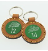 Leren of Kunstleren sleutelhangers Ø45x75mm met jouw nummering en eventueel met een logo op de voorkant of de achterkant.