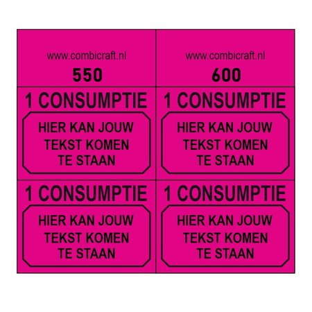 CombiCraft 1000 Consumptiebonnen "1 CONSUMPTIE" met jouw  tekst in het zwart gedrukt. Strips met bonnen zijn genummerd.