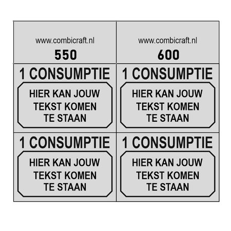 CombiCraft 1000 Consumptiebonnen "1 CONSUMPTIE" met jouw  tekst in het zwart gedrukt. Strips met bonnen zijn genummerd.