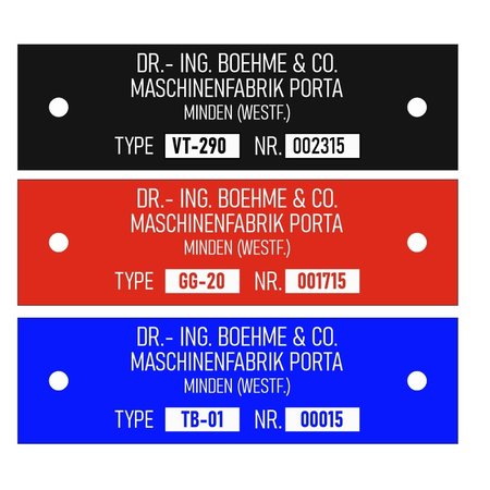 Typeplaatje - Machineplaatje - Industrieplaatje 70x20mm van gekleurd Aluminium met 2 gaatjes van Ø3mm, met een individuele nummering