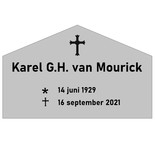 Grafmarkering 'Temple" is een rechthoekig RVS-Look bordje in  240x153mm  met  een dakvormige bovenzijde