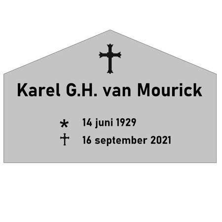 Grafmarkering 'Temple" is een rechthoekig RVS-Look bordje in  240x153mm  met  een dakvormige bovenzijde