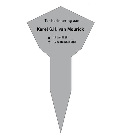 Grafmarkering 'Georgia" is een bordje in een RVS-Look in het formaat  240x150mm  in de vorm van een pentagon