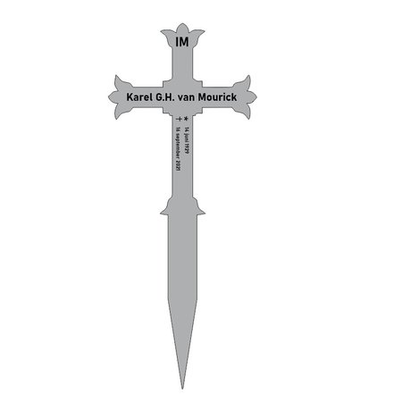 Grafmarkering 'Cross" is een graf markeringsbordje in een RVS-Look in het formaat  240x320mm  in de vorm van het heilige kruis.