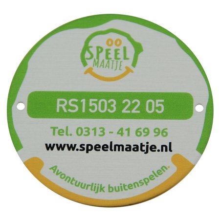 Tot 20cm² RONDE logoplaatjes in Aluminium met weersbestendige full Colour druk, in vele maten, scratch, met tape of met 1 of 2 gaatjes.