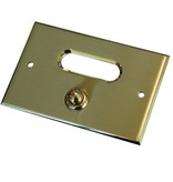 Messing belpaneeltje in de maat 120x80mm rechthoekig, gemaakt van echt satijn messing voorzien van een messing gepolijst drukknopje en randen, verder een transparant opaalglas ruitje.