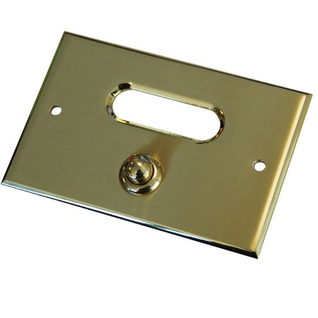 Messing belpaneeltje in de maat 120x80mm rechthoekig, gemaakt van echt satijn messing voorzien van een messing gepolijst drukknopje en randen, verder een transparant opaalglas ruitje.