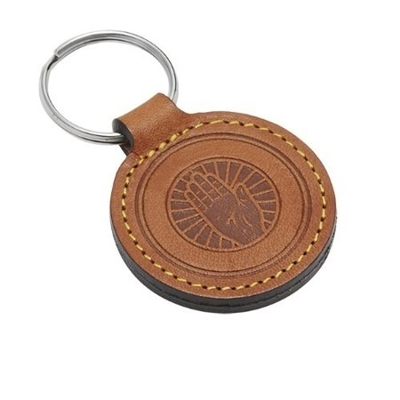 Leren of Kunstleren sleutelhangers Ø45x75mm met een brandlogo naar eigen ontwerp en een nummering of naam naar wens.