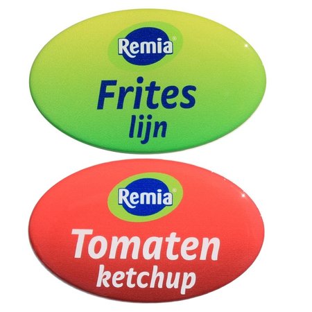 Domingstickers, stickers of logo's die bedekt worden door een laagje kunsthars.  Logoplaatjes voorzien van een laagje epoxy