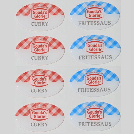 Domingstickers, stickers of logo's die bedekt worden door een laagje kunsthars.  Logoplaatjes voorzien van een laagje epoxy