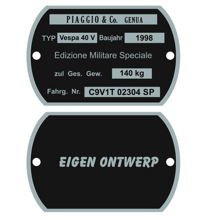 Aluminium Industrieplaatjes of Typeplaatjes in de vorm van een afgeplatte ovaal met twee gaatjes in 61 x 40 x 0,5mm