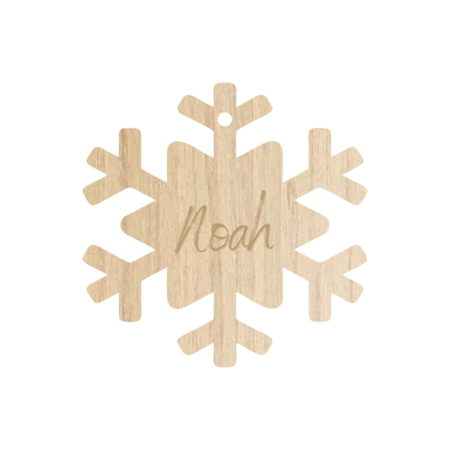 Houten Gepersonaliseerde Kerstbal in de vorm van een sneeuwvlok met jouw naam of kerstwens Ø 80 mm