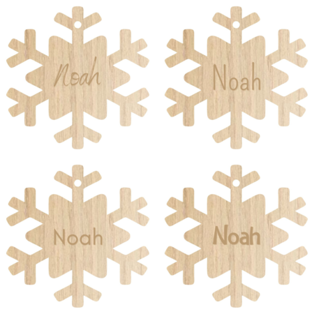 Houten Gepersonaliseerde Kerstbal in de vorm van een sneeuwvlok met jouw naam of kerstwens Ø 80 mm