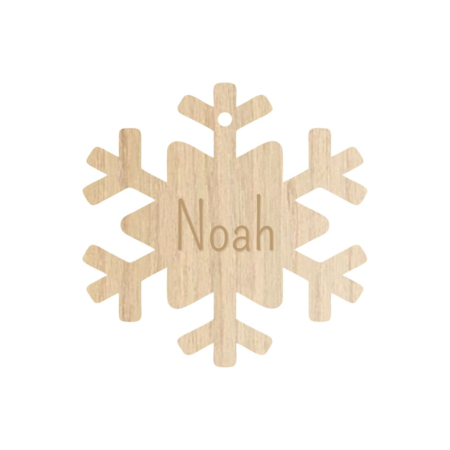 Houten Gepersonaliseerde Kerstbal in de vorm van een sneeuwvlok met jouw naam of kerstwens Ø 80 mm