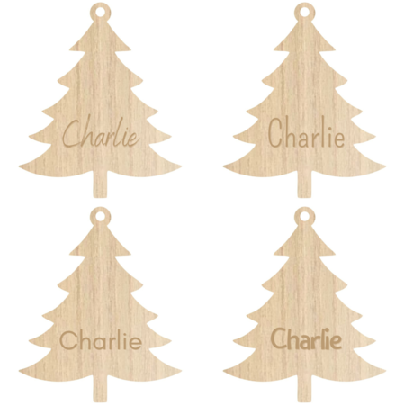 Houten Gepersonaliseerde Kerstbal in de vorm van een kerstboom met jouw naam of kerstwens 85 mm