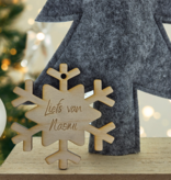 Houten Gepersonaliseerde Kerstbal in de vorm van een sneeuwvlok met jouw naam of kerstwens Ø 80 mm