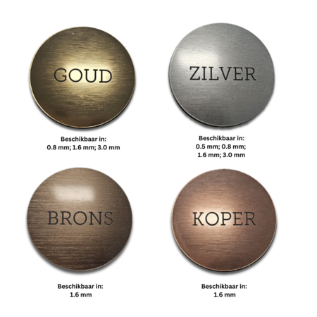 Metaal look Acrylaat logoplaatjes met gravering, weerbestendig in diverse maten en uitvoeringen, vanaf 10 stuks per ontwerp.