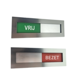 Vrij-Bezet bordje van RVS-look acrylaat met verschuifbaar voorpaneel in 4 maten