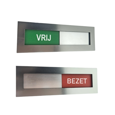 Vrij-Bezet bordje van RVS-look acrylaat met verschuifbaar voorpaneel in 4 maten