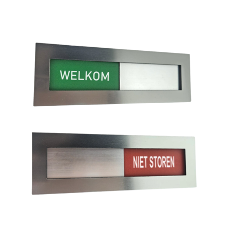 Welkom-Niet storen bordje van RVS-look acrylaat met verschuifbaar voorpaneel in 4 maten